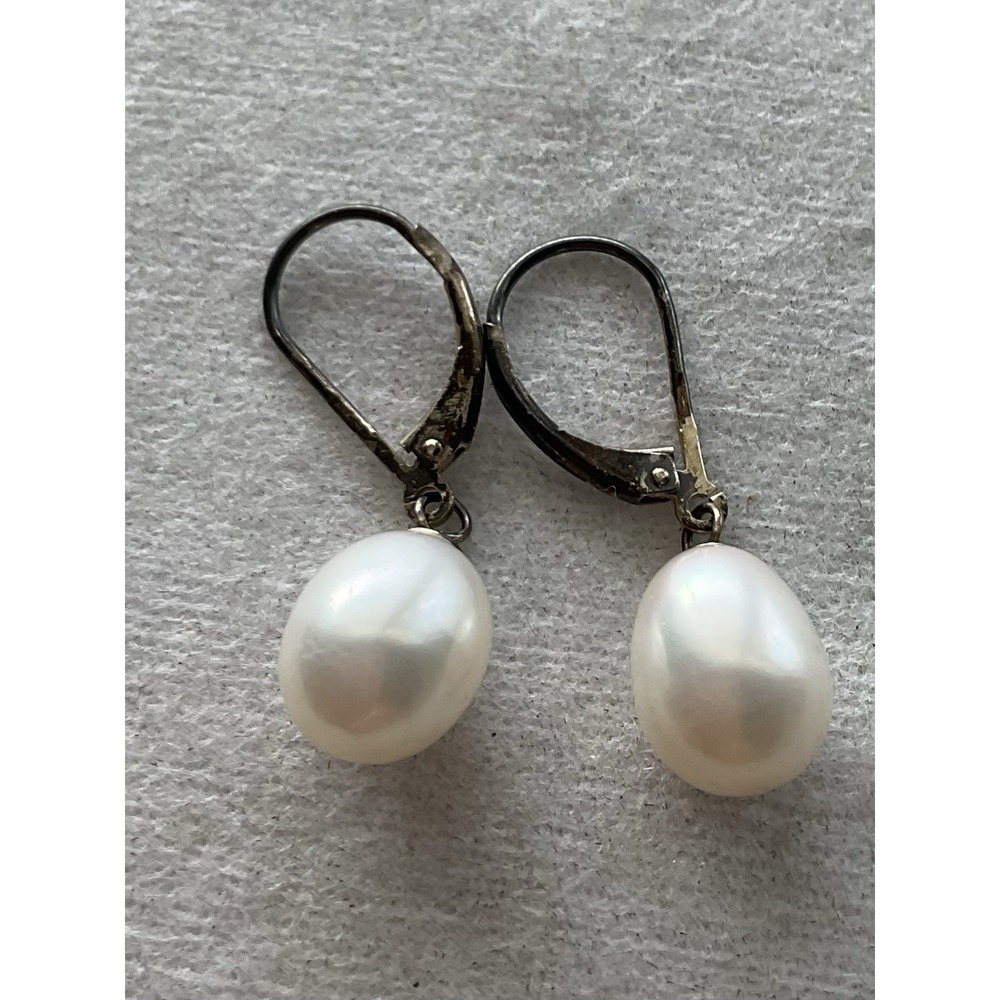 sterling silver teardrop freshwater cultured pearl leverback earrings Vintage